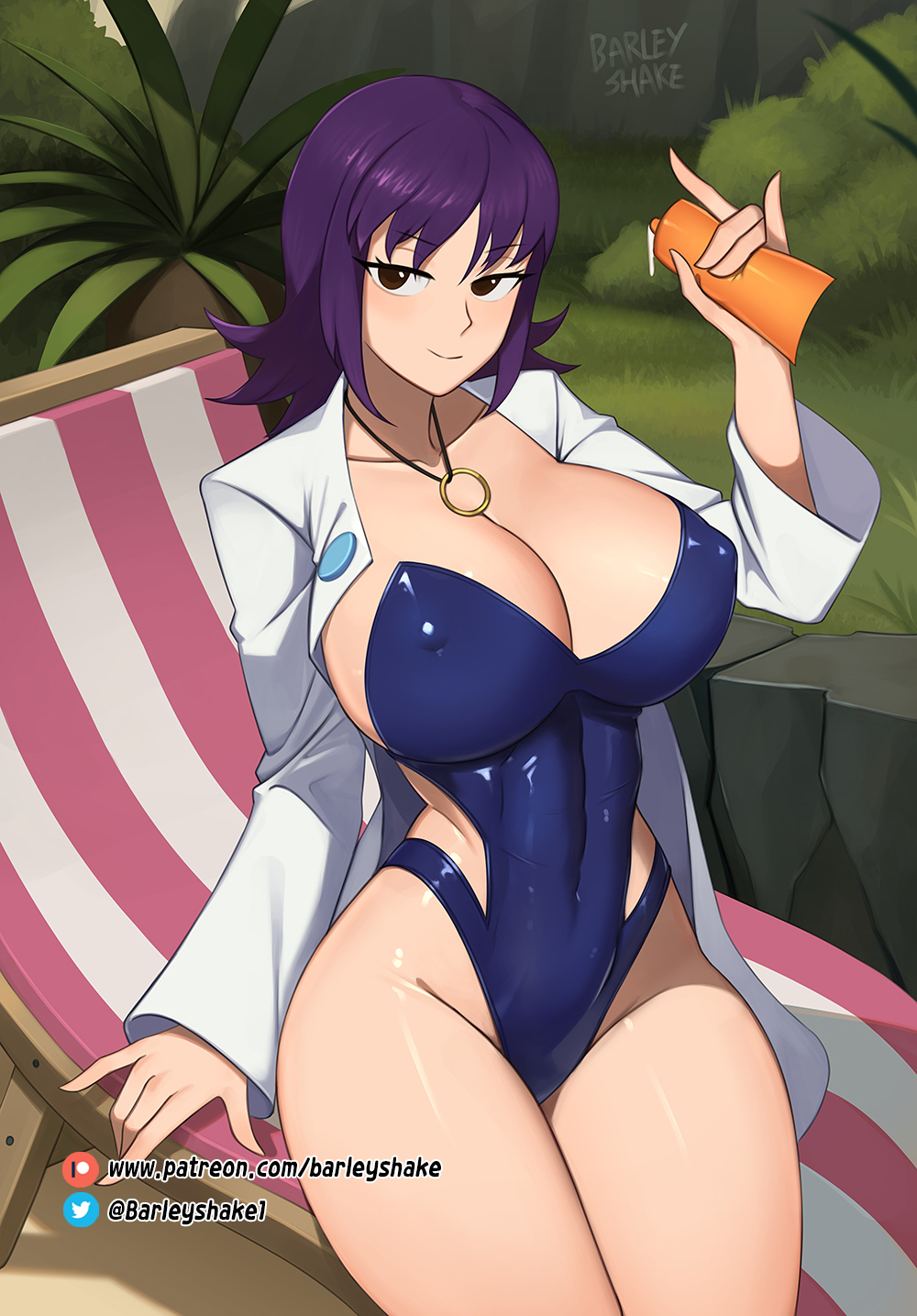 1girl alternate_breast_size artist_name barleyshake beach_chair breasts brown_eyes cleavage closed_mouth collarbone covered_nipples cowboy_shot curvy grass highleg highleg_swimsuit highres holding jewelry labcoat large_breasts long_sleeves looking_at_viewer lotion medium_hair necklace one-piece_swimsuit outdoors philena_ivy plant pokemon pokemon_(anime) pokemon_(classic_anime) purple_hair seductive_smile shiny_clothes shiny_skin sitting skin_tight smile solo sunscreen swimsuit wide_hips