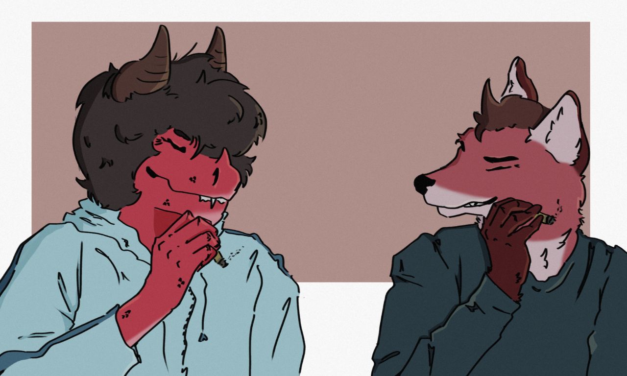 canid canine cigarette clothing dragon duo eyes_closed fox holly_(ortiz) horn human_hair jacket male male/male mammal red_dragon red_fox scalie smile topwear