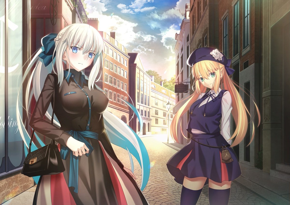 2girls alternate_costume arms_behind_back artoria_caster_(fate) artoria_pendragon_(fate) bag beret black_bag black_dress blonde_hair blue_bow blue_eyes blue_headwear blue_ribbon blue_skirt blue_thighhighs blue_vest bow braid breasts building chain_necklace closed_mouth cloud cloudy_sky collared_dress collared_shirt contemporary dress fate/grand_order fate_(series) french_braid green_eyes grey_hair hair_between_eyes hair_bow handbag hat jewelry long_hair long_sleeves looking_at_viewer medium_breasts mishiro_(ixtlolton) morgan_le_fay_(fate) multiple_girls neck_ribbon necklace parody ponytail ribbon shirt sidelocks skirt sky smile solo style_parody takeuchi_takashi_(style) thighhighs twintails very_long_hair vest white_shirt