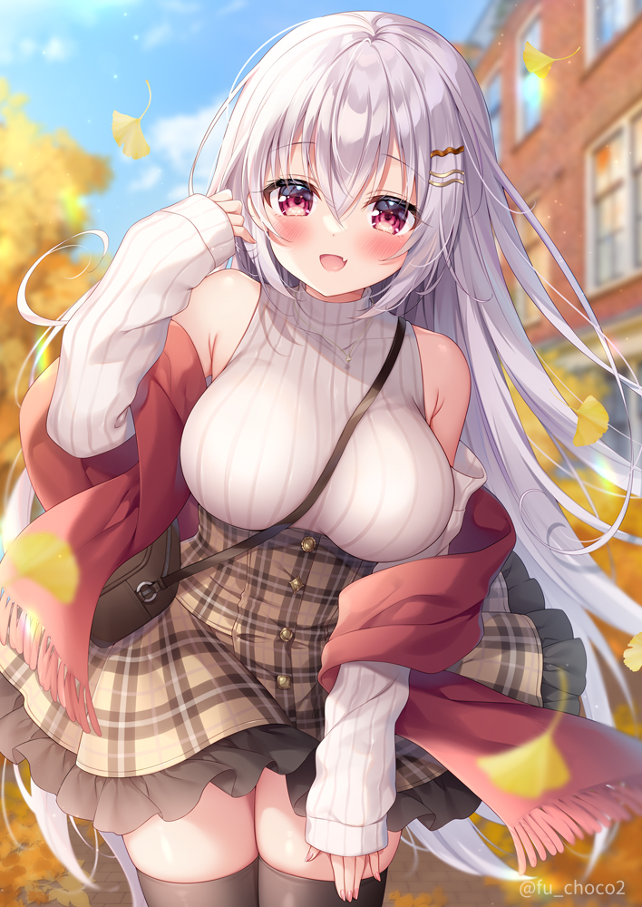 1girl :d bag bare_shoulders black_thighhighs blue_sky blurry blurry_background blush breasts brown_skirt building cloud commentary_request day depth_of_field detached_sleeves fang frilled_skirt frills fringe_trim ginkgo_leaf grey_hair hair_between_eyes hair_ornament hairclip hand_up large_breasts leaf long_hair long_sleeves mitsuba_choco original outdoors plaid plaid_skirt red_eyes red_scarf ribbed_sweater scarf shoulder_bag skindentation skirt sky sleeveless sleeveless_turtleneck sleeves_past_wrists smile solo sweater thighhighs turtleneck turtleneck_sweater twitter_username very_long_hair white_sleeves window