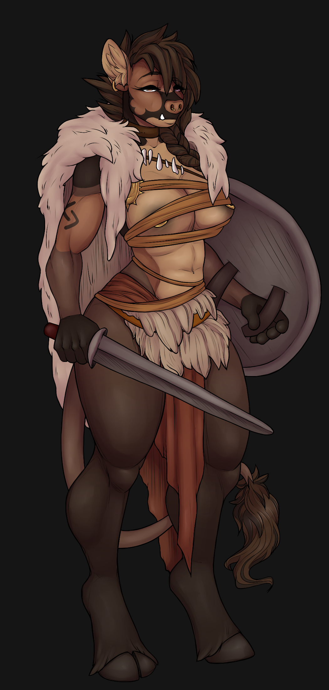 anthro areola breasts clothed clothing female freya hi_res mammal shield solo spottedp_anda0046 strong_female suid suina sus_(pig) viking viking_sword wild_boar