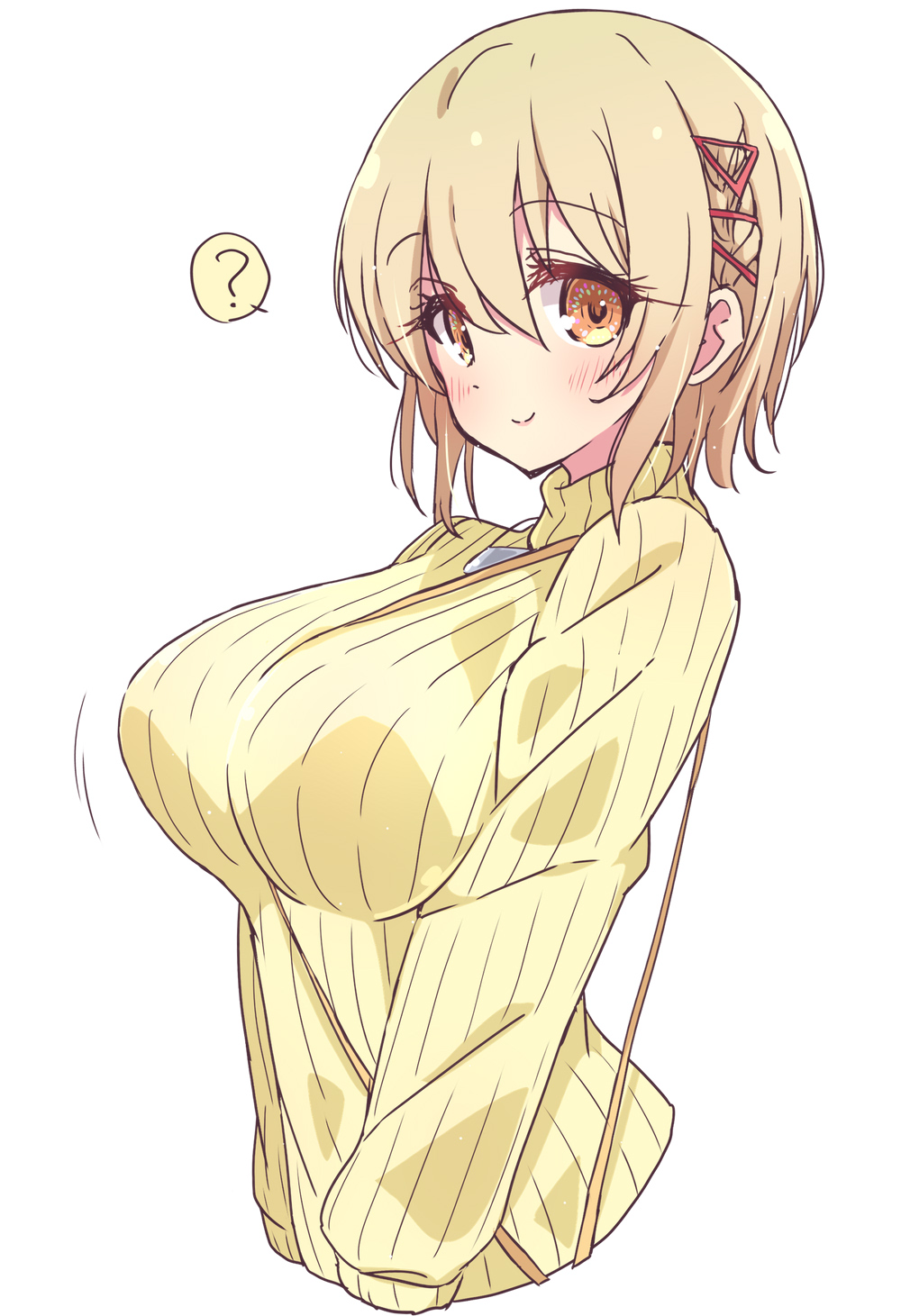 1girl ? blonde_hair blush breasts closed_mouth commentary_request hair_between_eyes hair_ornament highres hoshikuzu_telepath jewelry large_breasts long_sleeves looking_at_viewer mel_(melty_pot) necklace ribbed_sweater short_hair simple_background smile solo spoken_question_mark sweater takaragi_haruno white_background yellow_eyes yellow_sweater