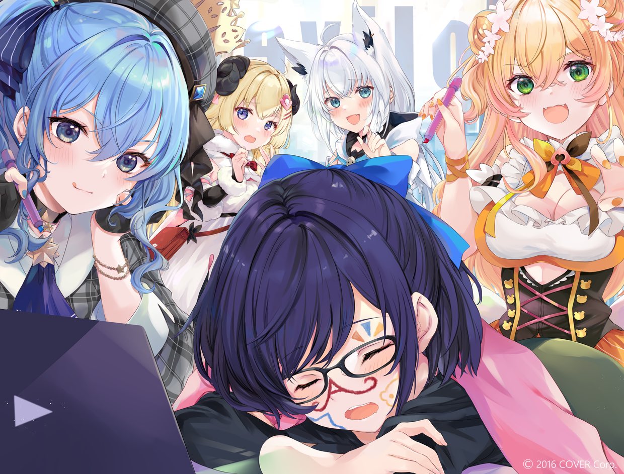 5girls a-chan_(hololive) animal_ears aqua_eyes black-framed_eyewear black_footwear black_gloves blonde_hair blue_eyes blue_gemstone blue_hair blue_nails braid closed_eyes closed_mouth crossed_bangs double_bun fangs fingerless_gloves fox_ears fox_girl gem glasses gloves green_eyes hair_between_eyes hair_bun hat hinahino holding holding_pen hololive horns hoshimachi_suisei hoshimachi_suisei_(1st_costume) momosuzu_nene_(2nd_costume) multicolored_hair multiple_girls official_art open_mouth pen pink_hair sheep_girl sheep_horns shirakami_fubuki shirakami_fubuki_(1st_costume) sleeping smile teeth tongue tongue_out tsunomaki_watame tsunomaki_watame_(1st_costume) upper_teeth_only white_hair