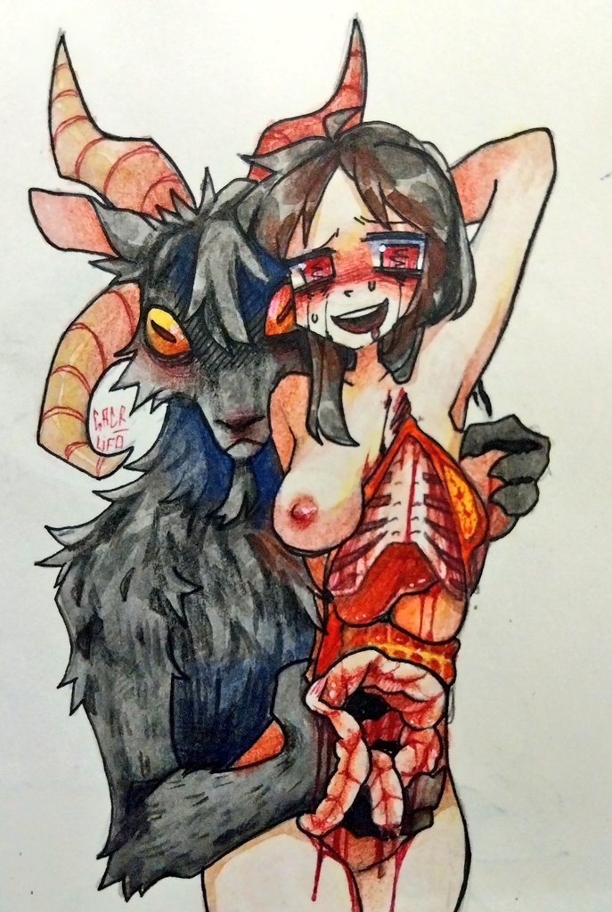 anthro black_body black_fur blood blood_on_hand blush bodily_fluids bone bovid breast_torture breasts caprine crying duo exposed_bone exposed_breast_tissue exposed_organs fatal_wound female fluffy fur g4cruf0 goat gore guts gutted hand_behind_head horizontal_pupils horn human intestines liver mammal masochism mutilation nude open_mouth open_smile organs pupils ribs smile snuff stomach tears