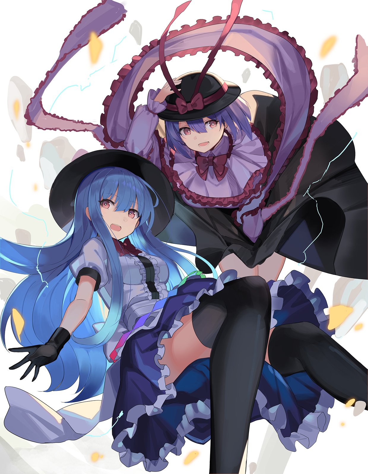 2girls black_gloves black_headwear blouse blue_hair blue_skirt bow bowtie center_frills check_commentary commentary_request electricity falken_(yutozin) feet_out_of_frame frilled_skirt frills gloves hagoromo hand_on_headwear hat hat_bow hat_ribbon highres hinanawi_tenshi invisible_chair long_hair long_sleeves looking_at_viewer multiple_girls nagae_iku open_mouth photoshop_(medium) puffy_short_sleeves puffy_sleeves purple_hair red_eyes revision ribbon shawl shirt short_sleeves sitting skirt thighhighs touhou waist_bow white_shirt