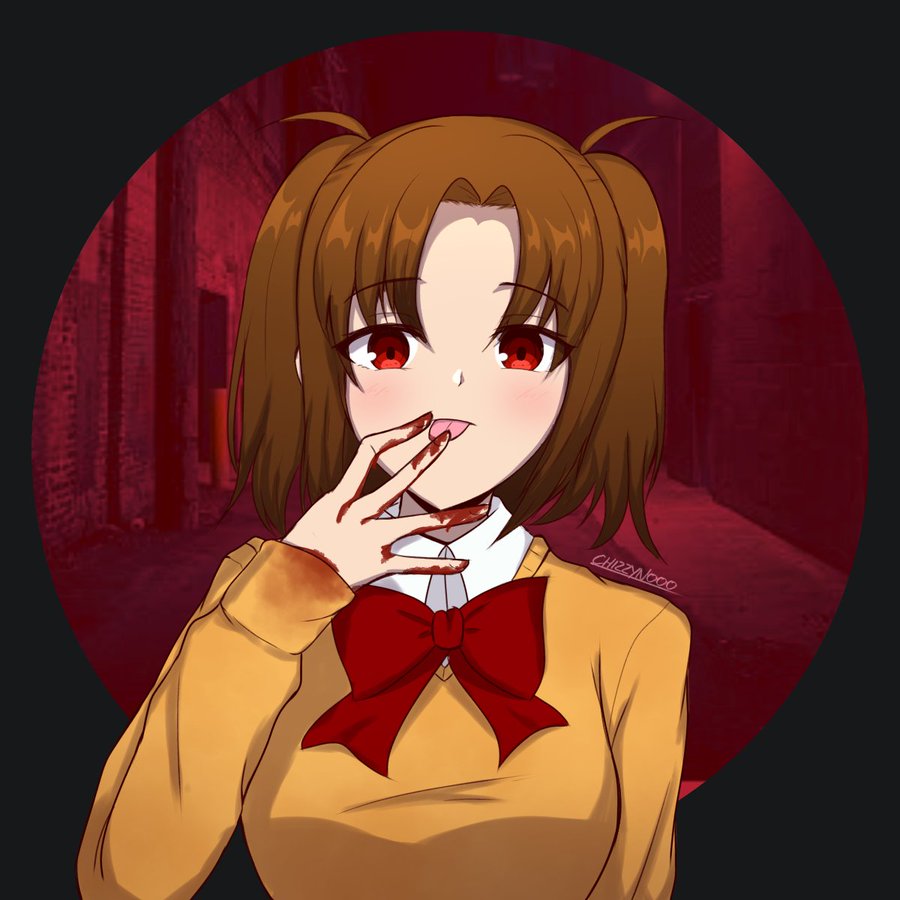 1girl blood blood_on_clothes blood_on_hands blush bow bowtie breasts brown_hair cardigan chizzy large_breasts looking_at_viewer parted_bangs red_bow red_bowtie red_eyes tongue tsukihime tsukihime_(remake) yellow_cardigan yumizuka_satsuki