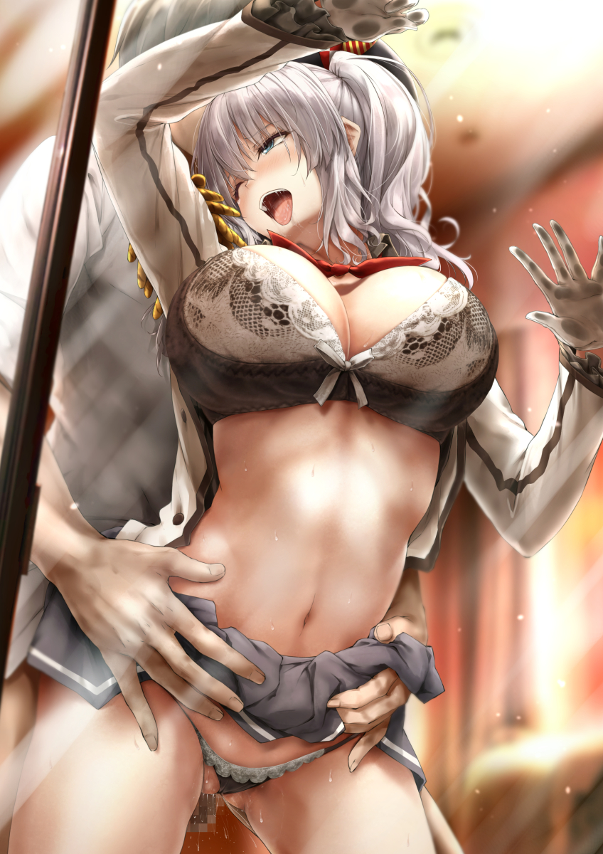 1boy 1girl against_glass beret black_headwear black_skirt blue_eyes blurry blurry_background bra breasts censored clothed_sex commentary_request commission epaulettes frilled_sleeves frills gloves grey_bra grey_hair grey_jacket hair_ribbon hat hetero highres indoors jacket jk_ssma kantai_collection kashima_(kancolle) large_breasts looking_back military_jacket military_uniform miniskirt mosaic_censoring navel neckerchief one_eye_closed open_mouth paid_reward_available pleated_skirt red_neckerchief ribbon sex sex_from_behind skeb_commission skirt skirt_aside skirt_rolled_up standing standing_sex tsurime twintails underwear uniform wavy_hair white_gloves
