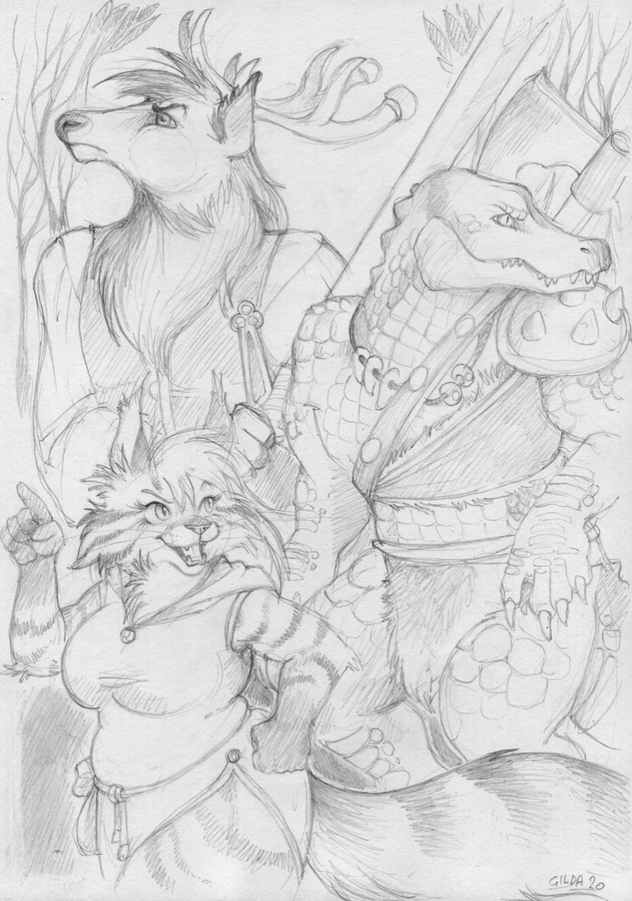 adventurers alert alligator alligatorid anthro armor axe barbarian black_and_white bone bone_necklace cautious cervine chatty chubby_female clothing crocodilian deer dialogue domestic_cat dress elk excited excited_female felid feline felis female forest forest_background fur_armor gambison group hi_res hooded_cape jewelry knight larger_male magic_user male mammal melee_weapon monochrome nature nature_background necklace pauldron plant pouch_(anatomy) pouch_purse reptile sanssouci scalie shaman size_difference sketch smaller_female strap_across_chest suspicious sword talking_to_another topwear tree tribal_spellcaster trio vest warrior weapon whiskers