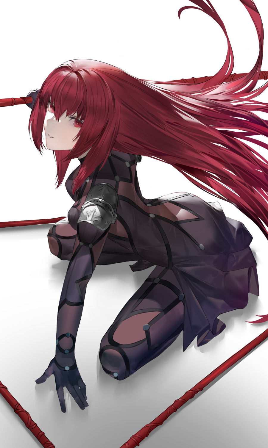 1girl armor blazpu bodysuit breasts fate/grand_order fate_(series) gae_bolg_(fate) hair_between_eyes highres kneeling large_breasts long_hair looking_at_viewer parted_lips pauldrons polearm purple_bodysuit purple_hair red_eyes scathach_(fate) shoulder_armor solo spear thighs weapon