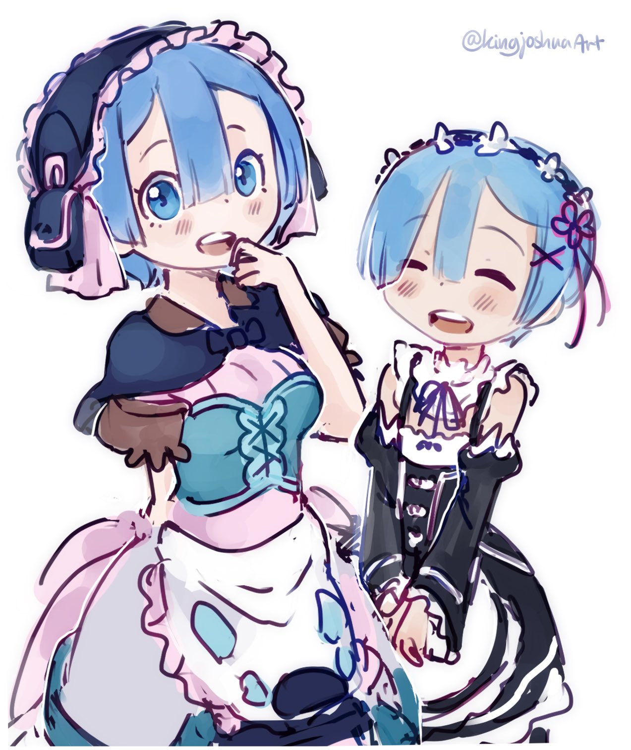 1boy 1girl :d alternate_costume apron arm_behind_back black_dress black_ribbon blue_capelet blue_eyes blue_hair blue_hairband bustier capelet closed_eyes color_connection cosplay costume_switch crossover detached_sleeves dress flower_knot frilled_sleeves frills hair_color_connection hair_ornament hairband hand_to_own_mouth hand_up highres kingjoshua look-alike made_in_abyss maid maruruk neck_ribbon otoko_no_ko pouch puffy_short_sleeves puffy_sleeves re:zero_kara_hajimeru_isekai_seikatsu rem_(re:zero) ribbon roswaal_mansion_maid_uniform short_hair short_sleeves simple_background sketch smile teeth twitter_username upper_teeth_only v_arms waist_apron white_apron white_background x_hair_ornament