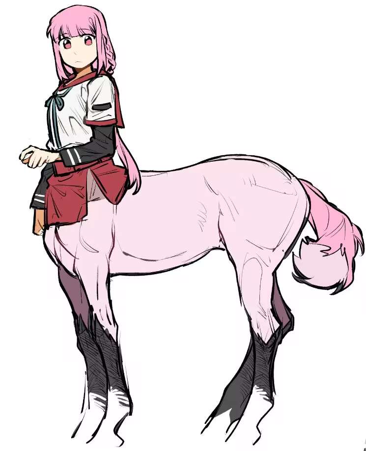 1girl aqua_ribbon black_sleeves blunt_bangs braid centaur closed_mouth commentary_request full_body horse_tail kamihama_university_affiliated_school_uniform layered_sleeves long_hair long_sleeves looking_at_viewer magia_record:_mahou_shoujo_madoka_magica_gaiden mahou_shoujo_madoka_magica monster_girl monsterification multiple_legs neck_ribbon niunai_chuan_nainiu pink_eyes pink_hair red_sailor_collar red_skirt ribbon sailor_collar sailor_shirt school_uniform shirt short_over_long_sleeves short_sleeves side_braids sidelocks simple_background skirt solo standing tail tamaki_iroha taur white_background white_shirt