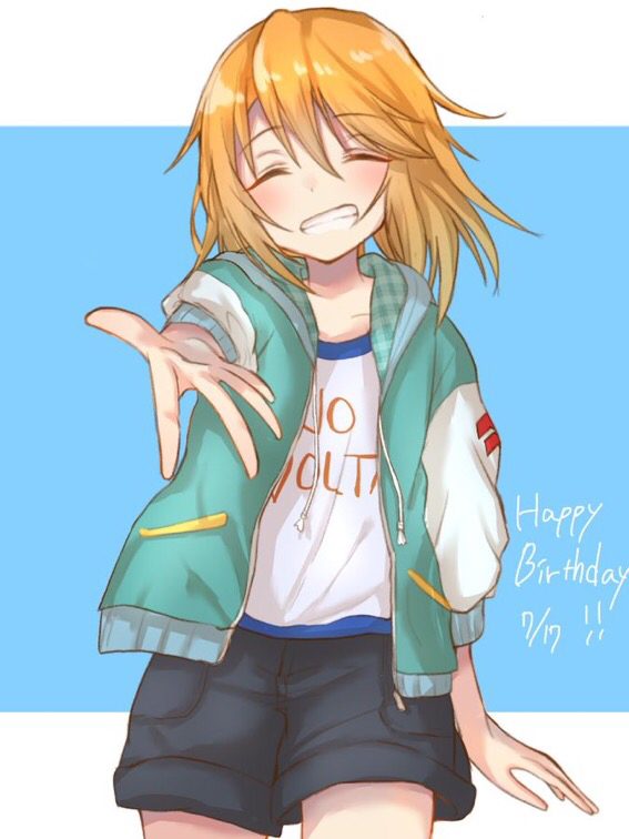 1girl aqua_jacket arm_at_side birthday black_shorts blue_background blue_trim child closed_eyes clothes_writing cowboy_shot english_text hair_between_eyes happy_birthday hood hooded_jacket idolmaster idolmaster_cinderella_girls jacket light_blush long_hair long_sleeves looking_at_viewer open_clothes open_hands open_jacket orange_hair reaching reaching_towards_viewer shirt shorts simple_background smile solo standing straight_hair swept_bangs t-shirt teeth toya_0321 white_shirt yuuki_haru