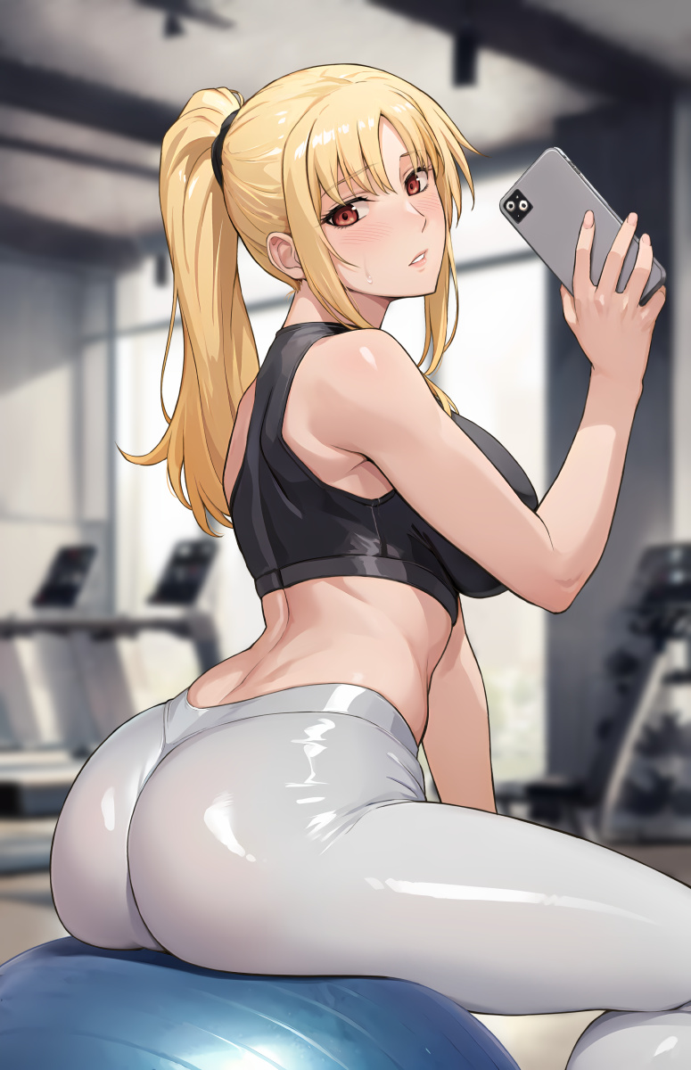 1girl alternate_costume ass back ball black_bra blonde_hair blurry blurry_background blush bra breasts cellphone commentary contemporary exercise_ball fate_testarossa feet_out_of_frame from_behind from_side gym highres holding holding_phone indoors ishigaki_takashi large_breasts long_hair looking_at_viewer looking_back lyrical_nanoha mahou_shoujo_lyrical_nanoha pants parted_bangs parted_lips phone ponytail red_eyes sitting sleeveless smartphone solo sports_bra sportswear sunlight sweatdrop tight_clothes tight_pants treadmill underwear white_pants window yoga_pants