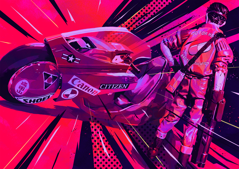 1boy akira english_text jacket kaneda_shoutarou's_bike kaneda_shoutarou_(akira) mergedvisible motor_vehicle motorcycle pants pill red_background red_jacket red_pants red_theme solo standing star_(symbol) sticker weapon