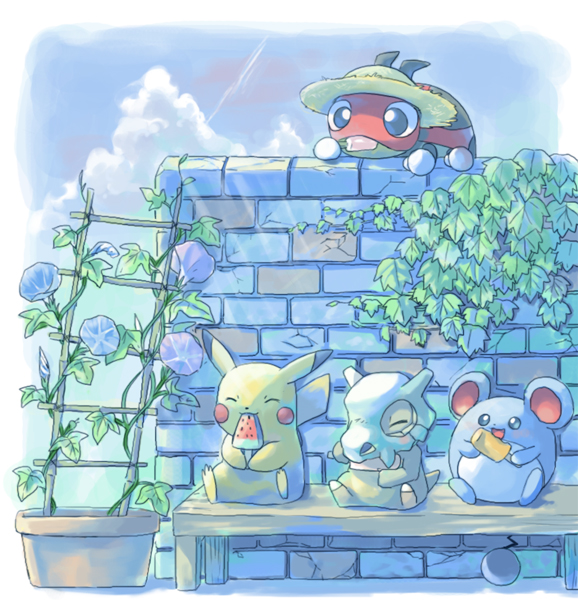 bench brick_wall closed_eyes cloud cubone d-nezumi flower food hat leaf ledyba marill morning_glory no_humans open_mouth outdoors pikachu pokemon pokemon_(creature) popsicle sitting straw_hat watermelon_bar