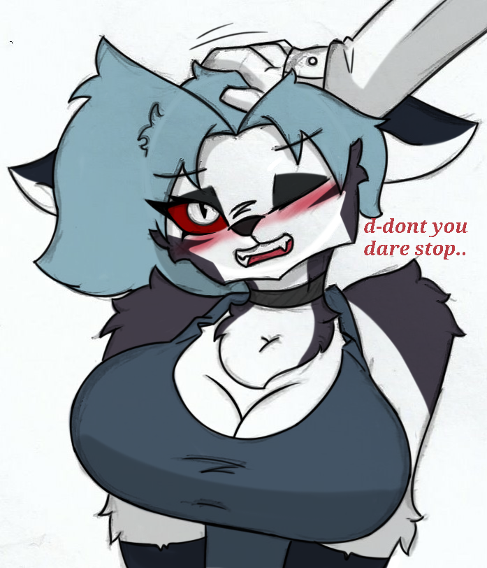 anthro big_breasts blush breasts choker don't_stop english english_text female headpat helluva_boss jewelry loona_(helluva_boss) necklace pace-maker solo text