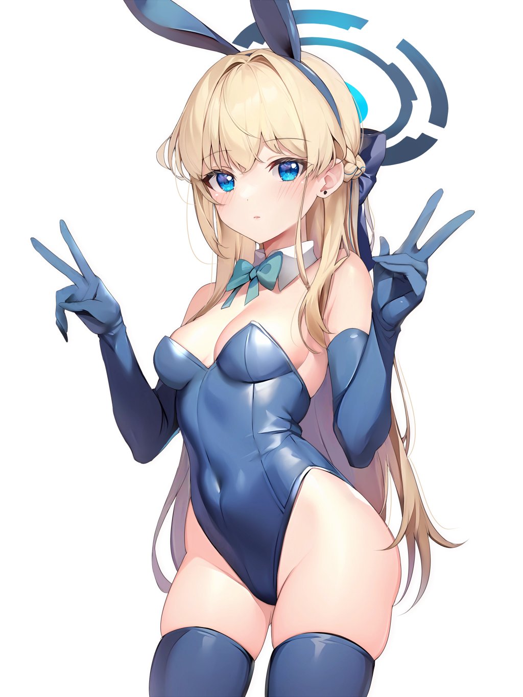 1girl animal_ears aqua_bow aqua_bowtie blonde_hair blue_archive blue_eyes blue_gloves blue_leotard blue_thighhighs blush bow bowtie braid breasts cleavage covered_navel cowboy_shot detached_collar double_v elbow_gloves fake_animal_ears gloves halo highleg highleg_leotard highres kakerayuri leotard medium_breasts official_alternate_costume parted_lips playboy_bunny rabbit_ears simple_background solo thighhighs toki_(blue_archive) toki_(bunny)_(blue_archive) v white_background