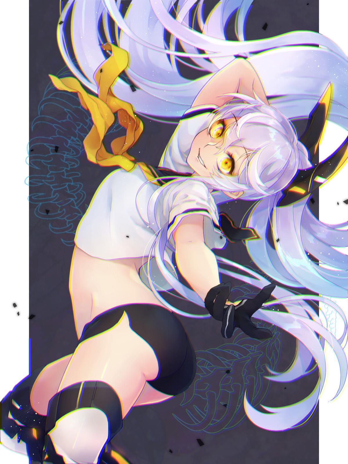 1girl arched_back arm_behind_head arm_up ass azur_lane black_background black_gloves black_sailor_collar black_shorts boots breasts chromatic_aberration crop_top floating_hair from_side gloves glowing glowing_eyes hair_between_eyes hair_ornament head_tilt headgear highres light_purple_hair long_hair looking_at_viewer micro_shorts neckerchief parted_lips ponytail sailor_collar sailor_shirt shichijou_natori shirt short_shorts short_sleeves shorts siren_purifier_(azur_lane) skull_background small_breasts smile solo teeth thigh_boots thighs two-tone_background very_long_hair white_shirt yellow_eyes yellow_neckerchief