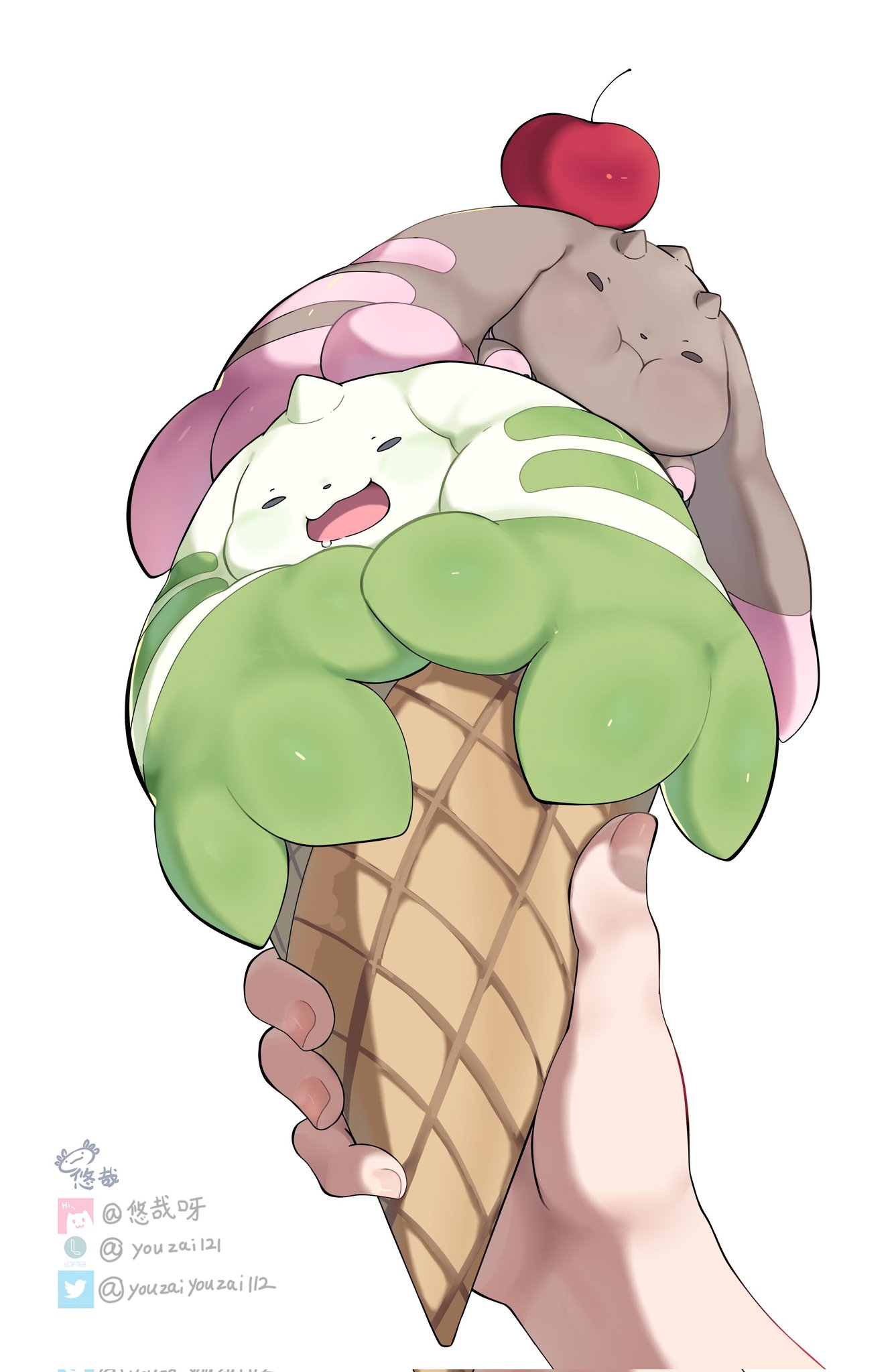 anthro bandai_namco cherry chubby_cheeks digimon digimon_(species) duo food fruit hi_res horn human ice_cream_cone long_ears lopmon mammal plant simple_background terriermon white_background youzaiyouzai112