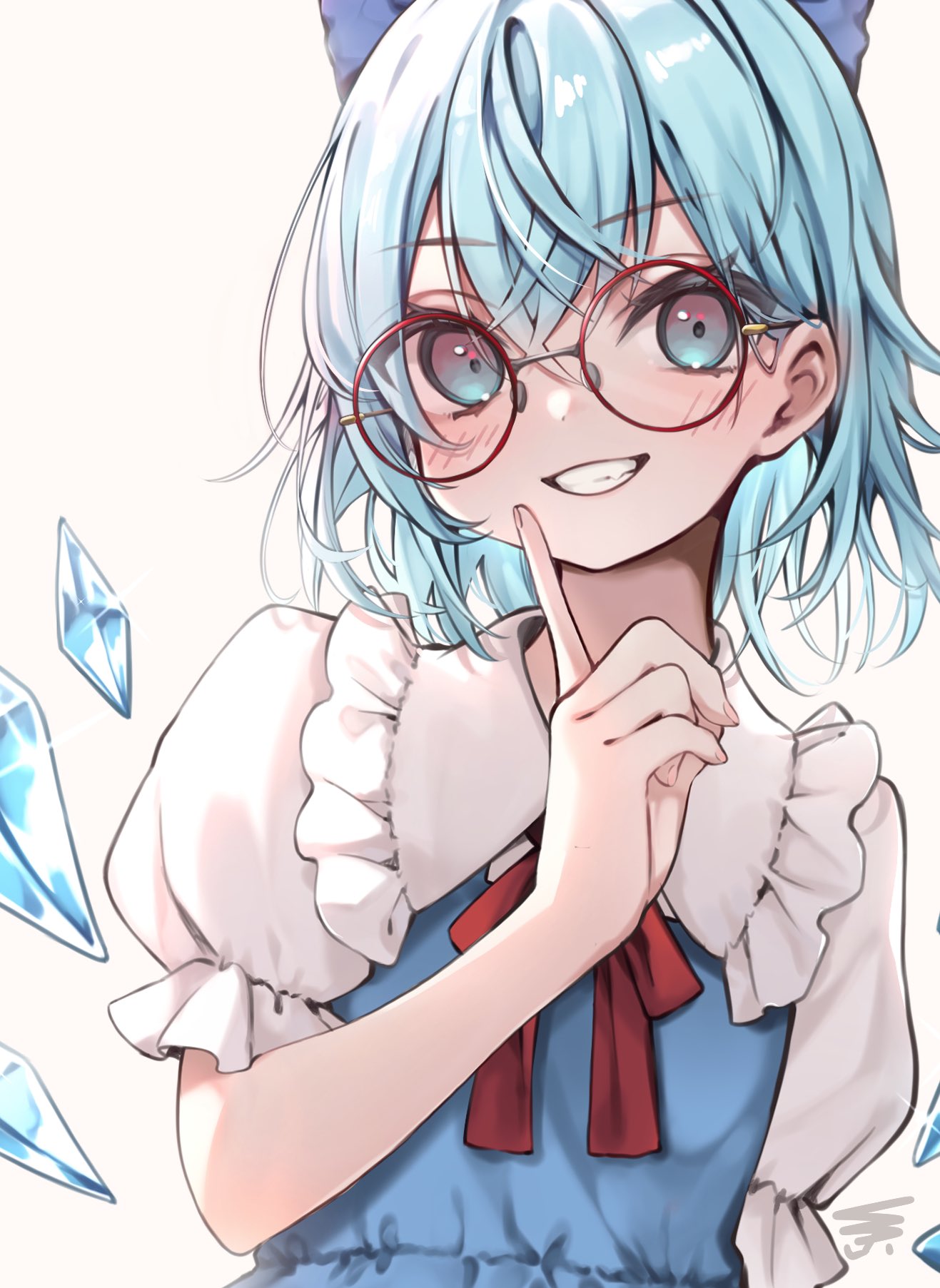 1girl bespectacled blue_dress blue_eyes blue_hair blush bow cirno cirno_day collared_shirt detached_wings dress fairy frilled_shirt_collar frills glasses grin hair_between_eyes hair_bow highres ice ice_wings looking_at_viewer red-framed_eyewear round_eyewear shirt short_hair short_sleeves simple_background smile solo touhou upper_body white_background white_shirt wings yuineko