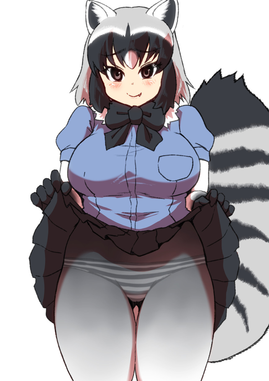 1girl animal_ears black_gloves black_hair bow bowtie breasts brown_eyes clothes_lift common_raccoon_(kemono_friends) fang fang_out gloves grey_hair grey_pantyhose highres isna_(footprintsofisna) kemono_friends large_breasts lifted_by_self multicolored_hair panties panties_under_pantyhose pantyhose raccoon_ears raccoon_girl raccoon_tail short_hair simple_background skirt skirt_lift smile solo striped striped_panties tail two-tone_hair underwear white_background