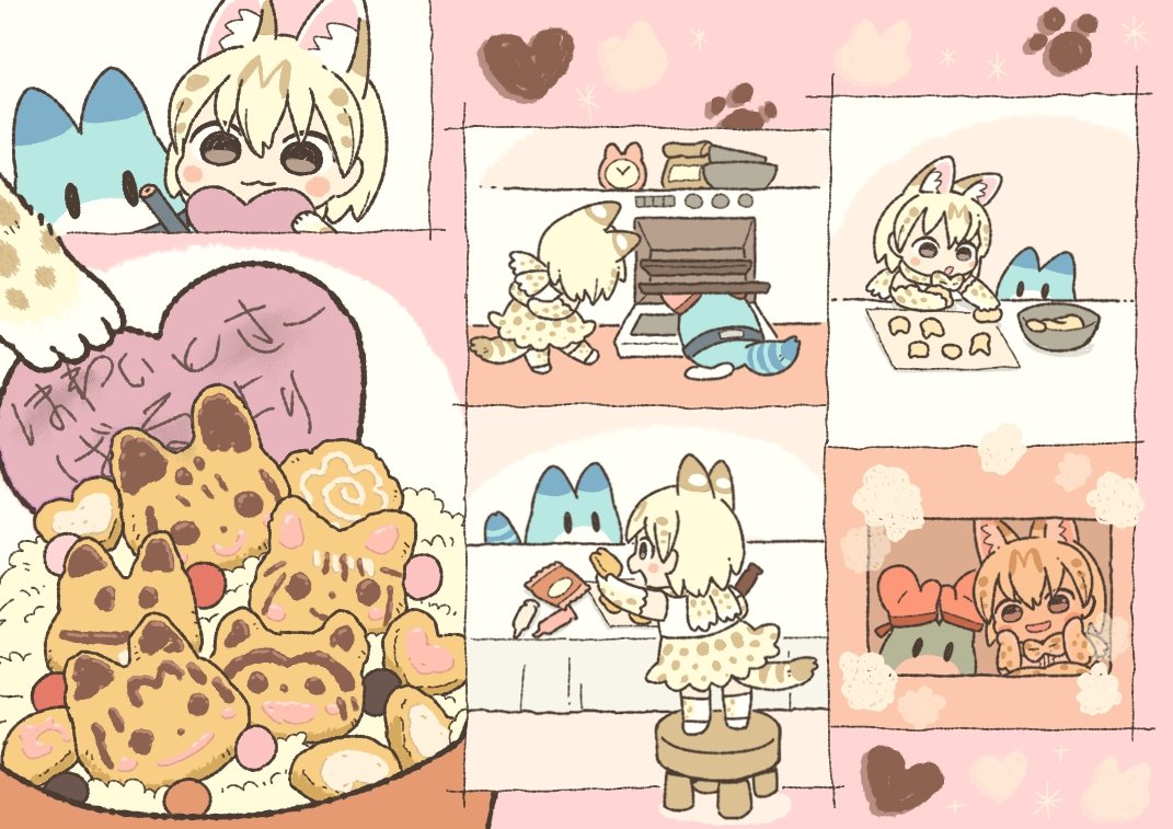 1girl animal_ear_fluff animal_ears baking blonde_hair blush bow bowtie brown_eyes chibi commentary_request common_raccoon_(kemono_friends) cookie elbow_gloves extra_ears fennec_(kemono_friends) food gloves heart kemono_friends kemono_friends_3 kuro_shiro_(kuro96siro46) lucky_beast_(kemono_friends) mittens multiple_views on_chair open_mouth oven pencil postcard print_bow print_bowtie print_gloves print_skirt progression serval_(kemono_friends) serval_print shirt short_hair sitting skirt smile stool table tail translation_request valentine white_serval_(kemono_friends) white_shirt yellow_gloves