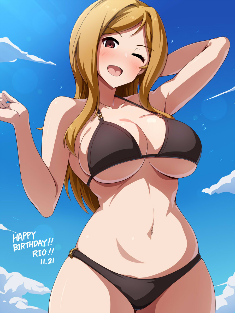 1girl ;d arm_behind_head arm_up bare_arms bare_shoulders bikini black_bikini blonde_hair blue_sky blush breasts brown_eyes character_name cloud collarbone commentary_request cowboy_shot day halterneck hand_up happy_birthday head_tilt highres idolmaster idolmaster_million_live! large_breasts long_hair looking_at_viewer mei_ichi momose_rio navel one_eye_closed open_mouth outdoors parted_bangs sidelocks sky smile solo standing stomach swimsuit underboob