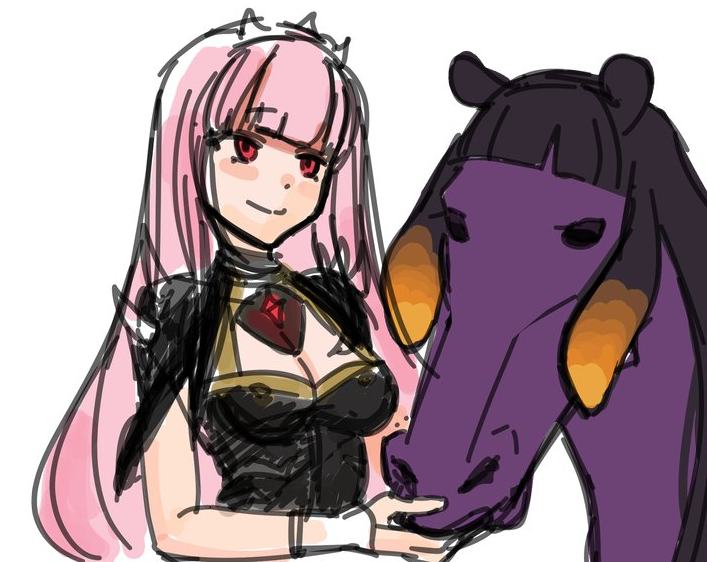 animalization black_hair black_shirt blunt_bangs breasts cleavage cleavage_cutout closed_mouth clothing_cutout gradient_hair hololive hololive_english horse lewdishsnail long_hair medium_breasts mori_calliope multicolored_hair ninomae_ina'nis orange_hair pink_hair red_eyes shirt simple_background sketch smile virtual_youtuber white_background