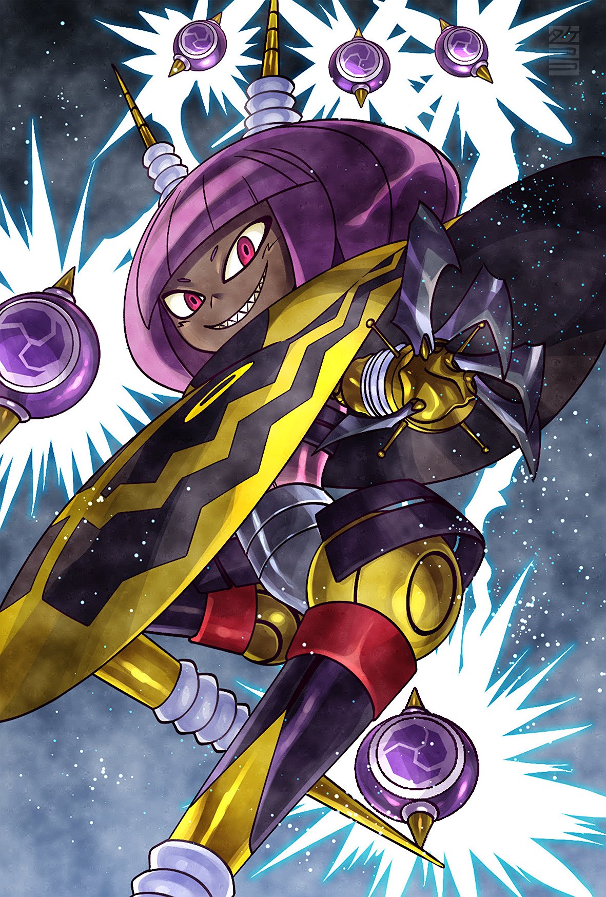 1girl black_cape blunt_bangs bob_cut cape claws commentary_request dark-skinned_female dark_skin dynatron_(mighty_no._9) electricity foot_out_of_frame grin highres horns joints leg_up mighty_no._9 mitsudomoe_(shape) no_feet purple_hair reaching reaching_towards_viewer red_eyes robot robot_girl robot_joints seal_impression sharp_teeth short_hair simple_background smile solo takenokonoko teeth tomoe_(symbol) two-tone_cape very_dark_skin yellow_cape yellow_horns