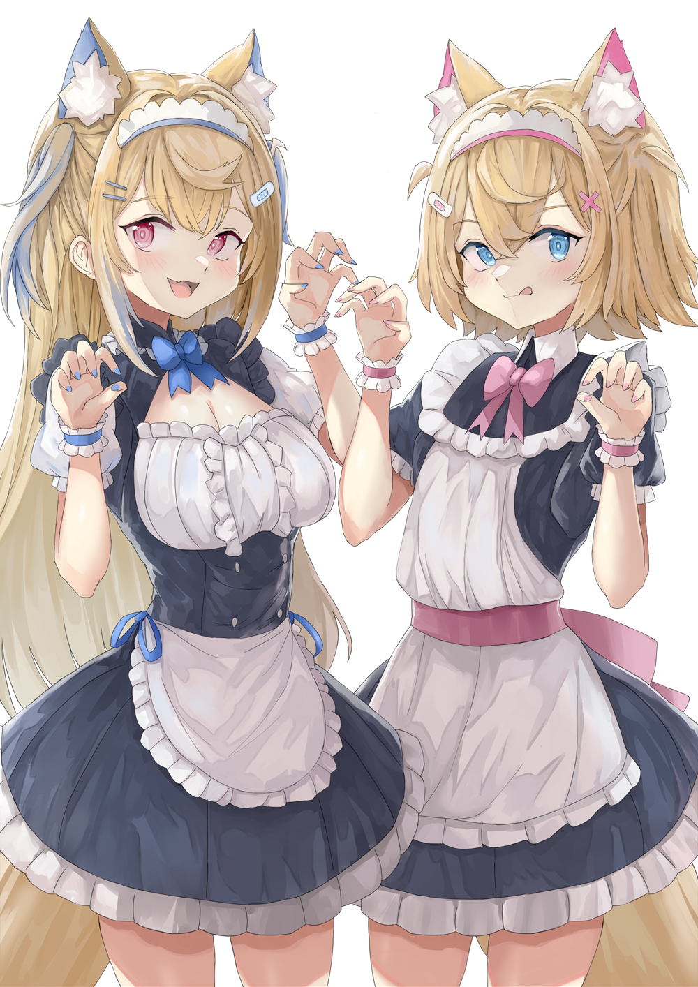 2girls animal_ear_fluff animal_ears apron blonde_hair blue_hair blue_nails blush breasts claw_pose cleavage cleavage_cutout clothing_cutout dog_ears dog_girl dog_tail frilled_wrist_cuffs fuwawa_abyssgard hair_ornament highres hololive hololive_english large_breasts long_hair looking_at_viewer maid maid_apron maid_headdress medium_hair mg42cat-k1ng mococo_abyssgard multicolored_hair multiple_girls nail_polish pink_hair pink_nails siblings sisters smile streaked_hair tail tongue tongue_out twins virtual_youtuber white_apron white_background white_wrist_cuffs x_hair_ornament