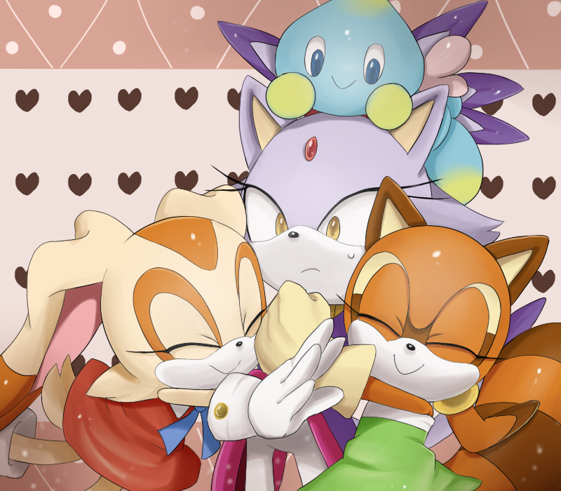 3girls animal_ears blaze_the_cat blue_eyes blue_ribbon brown_fur cat_ears cat_girl cheese_(sonic) closed_eyes cream_the_rabbit dress eyelashes forehead_jewel gloves green_shirt group_hug heart hug low_twintails marine_the_raccoon multiple_girls orange_dress purple_fur rabbit_ears rabbit_girl rabbit_tail raccoon_girl raccoon_tail ribbon shirt sonic_(series) sonic_rush strapless strapless_shirt sweatdrop tail twintails unichrome-uni white_gloves yellow_eyes