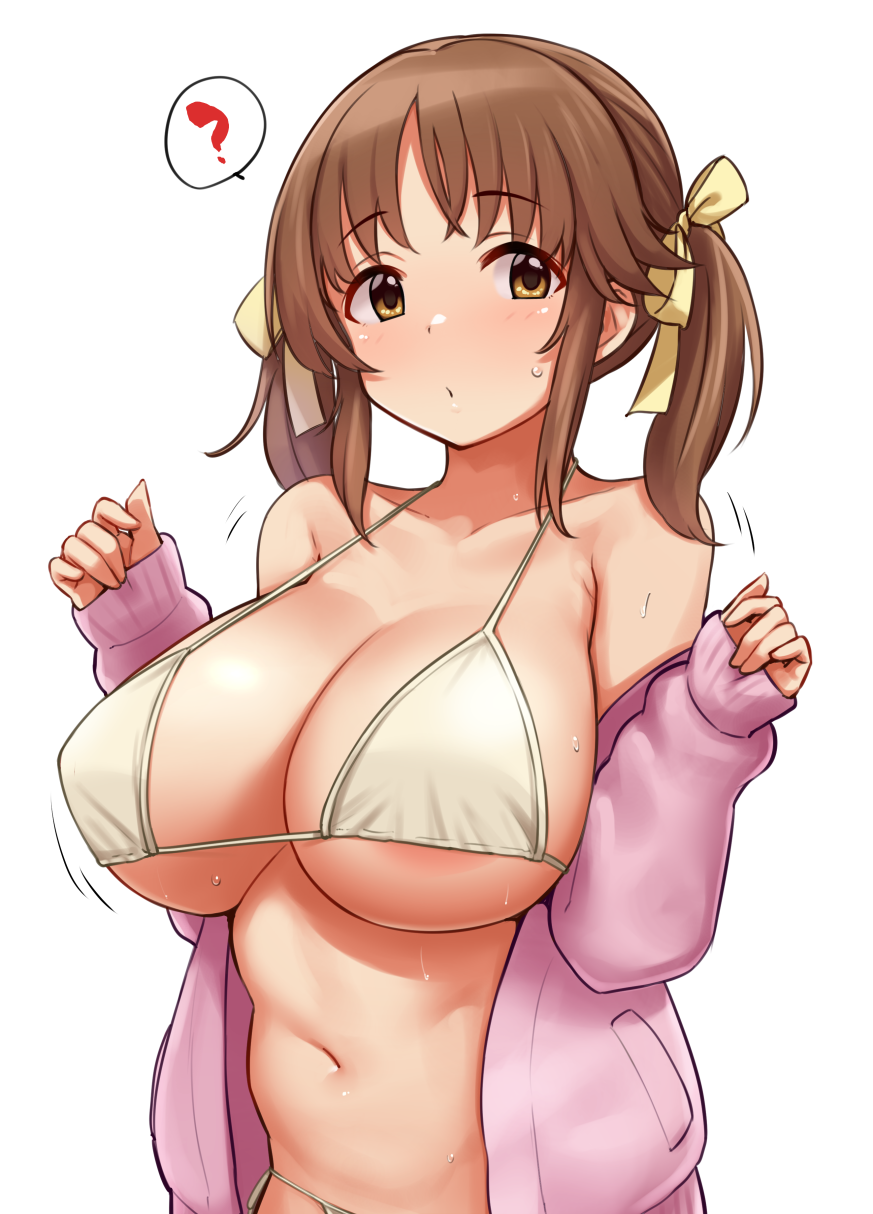 1girl ? bikini breasts brown_eyes brown_hair collarbone commentary_request hair_ribbon highres idolmaster idolmaster_cinderella_girls large_breasts looking_at_viewer navel ribbon short_hair solo speech_bubble spoken_question_mark sweat swimsuit tomajiyama totoki_airi twintails white_bikini yellow_ribbon