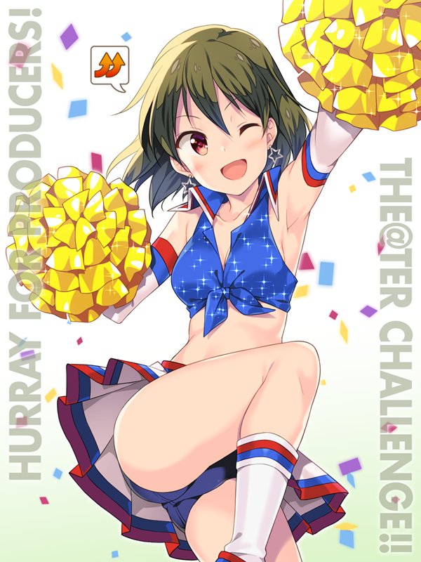 1girl arm_up armpits bare_shoulders blue_panties blue_shirt blush breasts cheerleader cleavage collarbone confetti cowboy_shot crop_top cropped_shirt dot_nose earrings elbow_gloves gloves gradient_background green_hair hand_up holding holding_pom_poms idolmaster idolmaster_million_live! idolmaster_million_live!_theater_days jewelry leg_up looking_at_viewer midriff nagayoshi_subaru one_eye_closed open_mouth panties pantyshot pleated_skirt pom_pom_(cheerleading) red_eyes shirt short_hair simple_background skirt sleeveless sleeveless_shirt small_breasts smile socks solo speech_bubble standing standing_on_one_leg star_(symbol) star_earrings suggeee486 underwear white_background white_gloves white_skirt white_socks