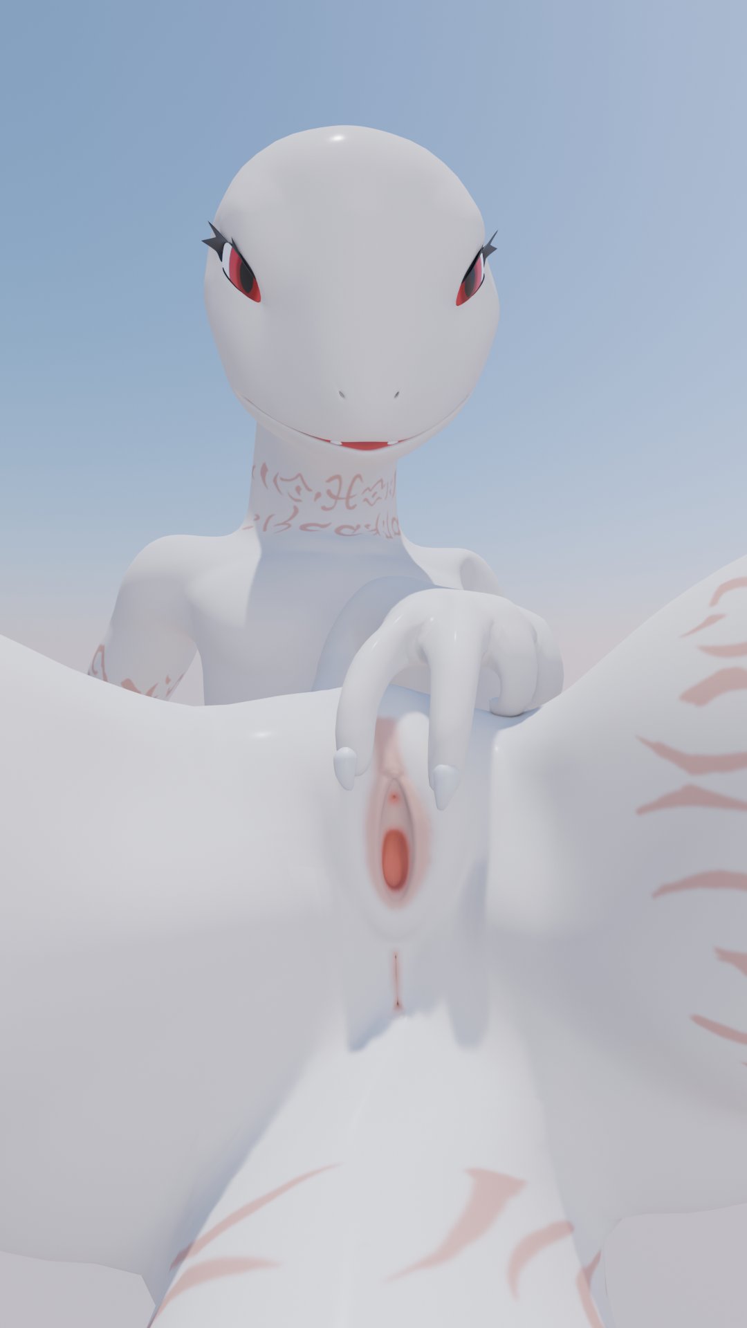 2023 3d_(artwork) 5_fingers 9:16 albino anthro anus arm_tattoo biped clitoral_hood clitoris crusch_lulu digital_media_(artwork) eyelashes fangs female fingers flat_chested front_view genitals hi_res humanoid_hands leg_tattoo lewdcanart lizardman lizardman_(overlord) long_neck monotone_body neck_tattoo nude open_mouth orange_anus orange_pussy orange_tattoo overlord_(series) pussy red_eyes scalie solo spread_pussy spreading tail tail_tattoo tattoo teeth thick_tail thigh_tattoo tribal tribal_tattoo urethra white_body