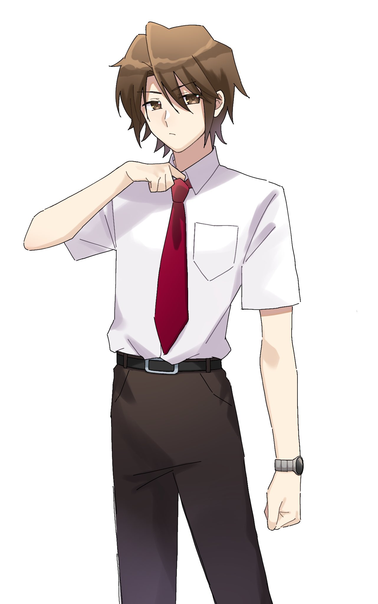 1boy belt black_belt breast_pocket brown_eyes brown_hair brown_pants collared_shirt cowboy_shot highres kita_high_school_uniform koizumi_itsuki looking_at_viewer male_focus napi_(jad3434) necktie pants pocket red_necktie school_uniform shirt short_hair short_sleeves simple_background solo standing summer_uniform suzumiya_haruhi_no_yuuutsu watch white_background white_shirt wristwatch