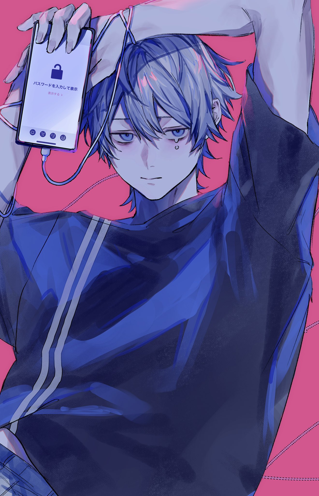 1boy bishounen black_shirt blue_eyes cellphone character_request copyright_request hand_up highres holding holding_phone looking_at_viewer male_focus phone pink_background shirt short_hair simple_background smartphone solo taiyakitarou tears upper_body white_hair