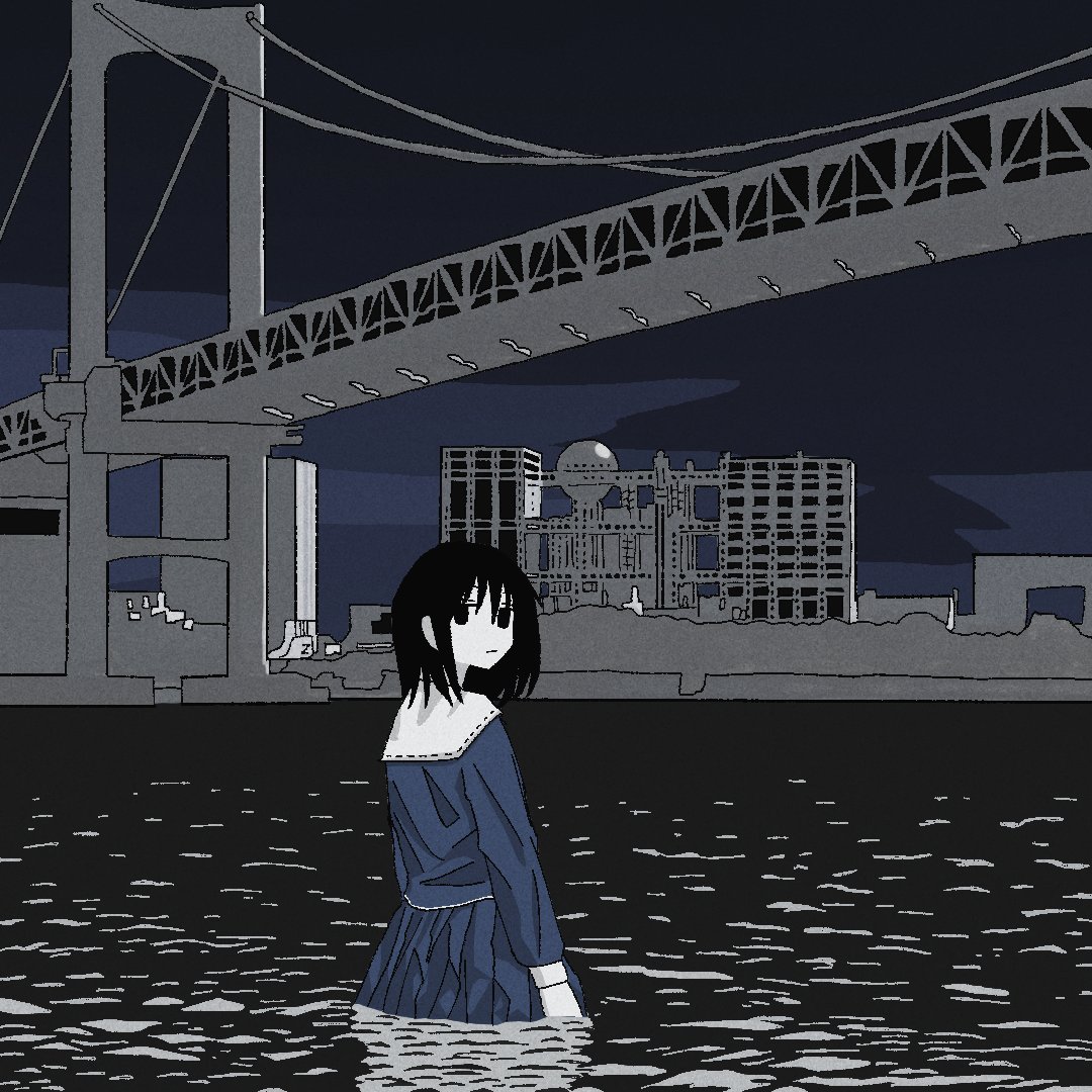 1girl arms_at_sides ashuu_(4syup) blue_serafuku bridge building closed_mouth commentary_request expressionless factory from_behind jitome keihou_no_atta_hi_(neutrino) limited_palette long_hair long_sleeves looking_at_viewer looking_back night outdoors pleated_skirt river school_uniform serafuku skirt skyline solo standing wading wet wet_clothes wet_skirt