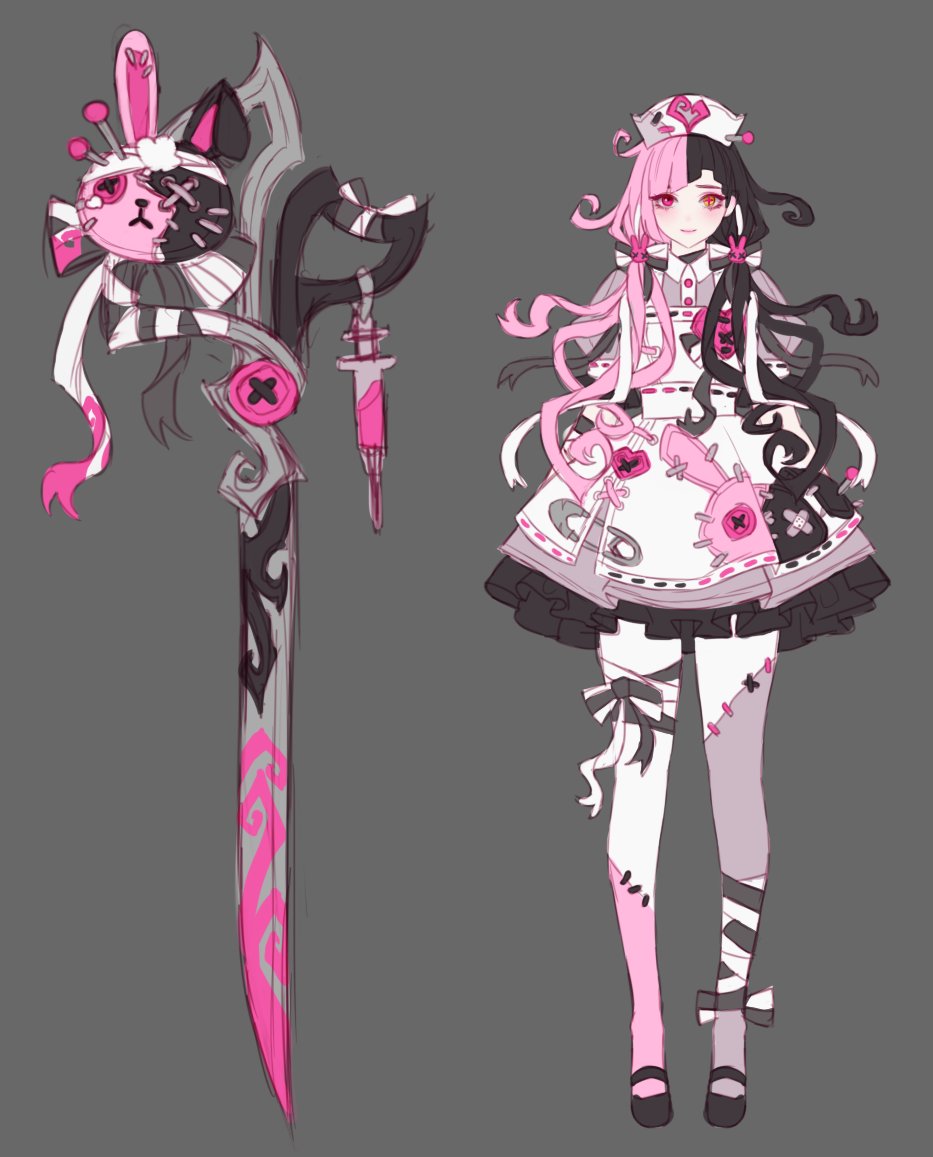 1girl alternate_costume black_dress black_hair dress full_body grey_background gwen_(league_of_legends) hat heterochromia league_of_legends long_hair nurse_cap orange_eyes pink_dress pink_hair puffy_short_sleeves puffy_sleeves red_eyes scissors shoes short_sleeves simple_background stitches white_dress