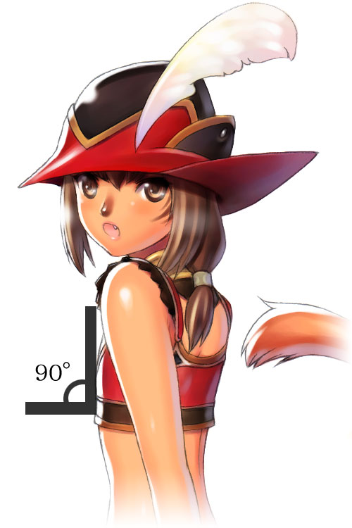 1girl :o animal_nose avatar_(ff11) brown_eyes brown_hair cat_girl cat_tail facial_mark fang feathers final_fantasy final_fantasy_xi flat_chest hair_between_eyes hat hat_feather long_hair low-tied_long_hair mithra_(ff11) open_mouth red_mage simple_background solo tail tail_raised taisai_soft upper_body whisker_markings white_background white_feathers