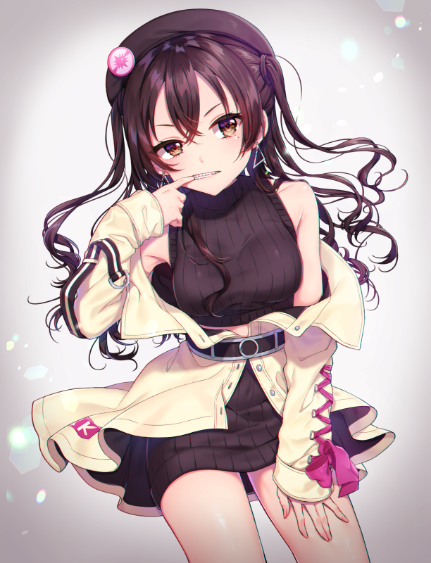 1girl belt_buckle beret black_hair black_headwear black_skirt black_sweater blush breasts brown_jacket buckle cropped_sweater finger_in_own_mouth hat idolmaster idolmaster_cinderella_girls jacket jacket_partially_removed long_sleeves looking_at_viewer medium_breasts midriff_peek mole mole_under_eye mouth_pull ribbed_skirt ribbed_sweater sharp_teeth skirt sleeveless sleeveless_sweater solo sunazuka_akira sweater teeth usano wavy_hair