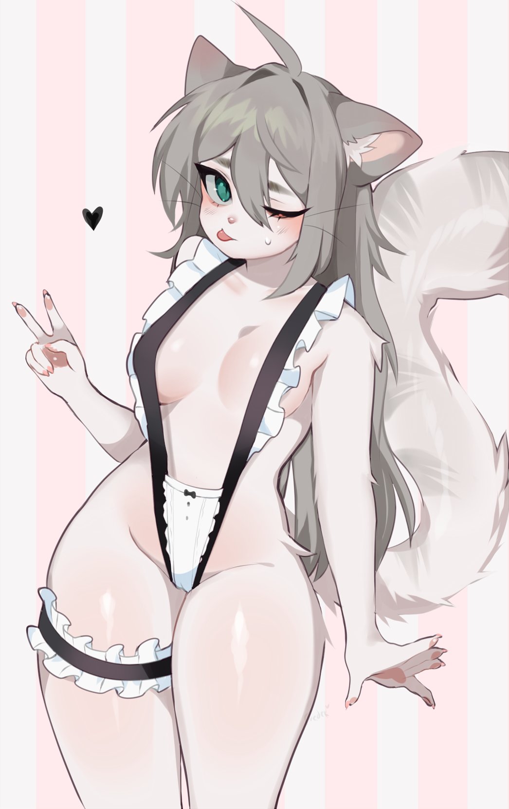 1girl :p animal_ear_fluff animal_ears animal_nose bikini black_bikini body_fur borrowed_character breasts bridal_garter brown_hair cat_ears cat_tail fingernails fredek666 frilled_one-piece_swimsuit frills furry furry_female green_eyes hair_between_eyes heart highres looking_at_viewer maid maid_one-piece_swimsuit medium_breasts nose one-piece_swimsuit one_eye_closed original pawpads pink_background slingshot_swimsuit solo sona_(yuio58ok) standing striped striped_background swimsuit tail thighs tongue tongue_out unconventional_maid v whiskers yuio_maid_dress