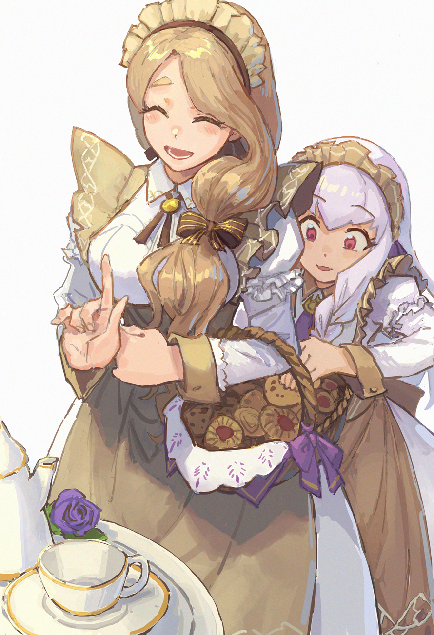 2girls alternate_costume apron basket blonde_hair bow braid closed_mouth cookie cup enmaided fire_emblem fire_emblem:_three_houses fire_emblem_heroes flower food food_theft green_little hair_bow highres long_hair lysithea_von_ordelia lysithea_von_ordelia_(tea_party) maid maid_apron maid_headdress mercedes_von_martritz mercedes_von_martritz_(tea_party) multiple_girls official_alternate_costume official_alternate_hairstyle open_mouth pink_eyes purple_flower purple_rose rose smile teacup teapot theft twin_braids white_hair