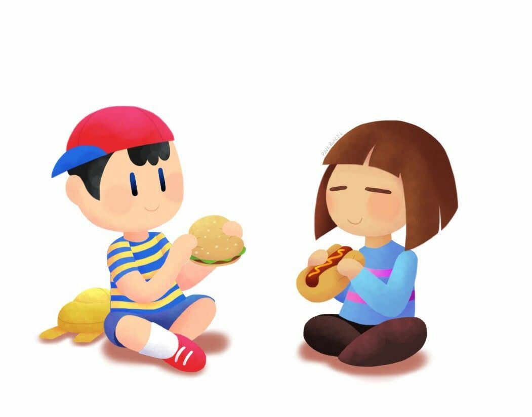ambiguous_gender baseball_cap clothed clothing crossover digital_media_(artwork) duo earthbound_(series) frisk_(undertale) fully_clothed hat headgear headwear human male mammal ness nintendo simple_background smile undertale undertale_(series) unknown_artist white_background