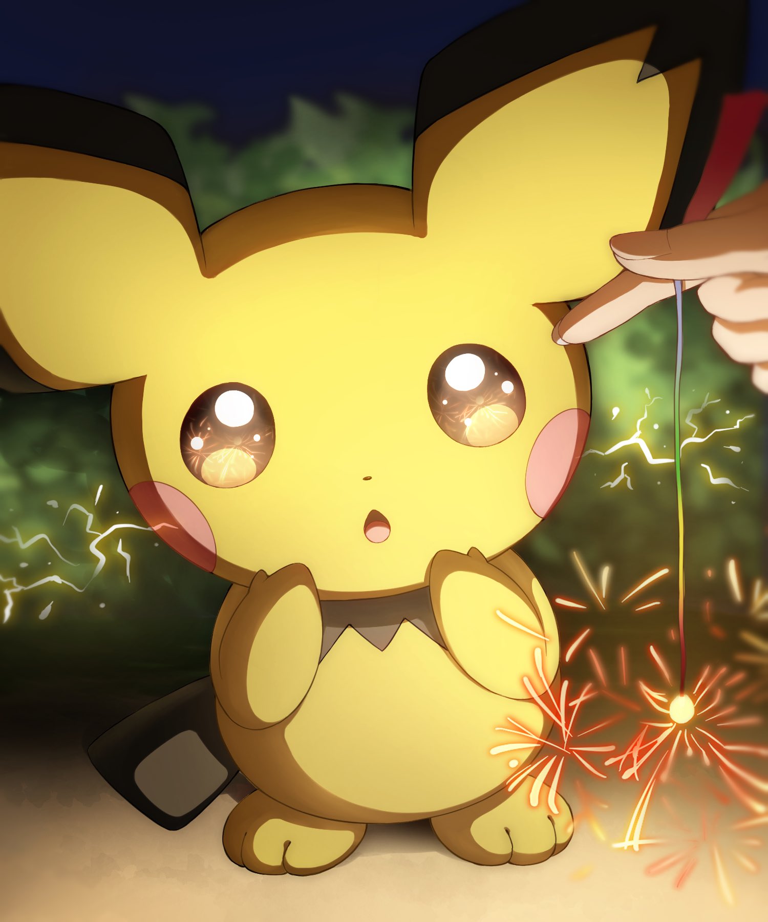 1other electricity fireworks highres holding_fireworks looking_at_viewer monaka_(hc_pkmn) night open_mouth out_of_character pichu pokemon pokemon_(creature) solo_focus sparkler