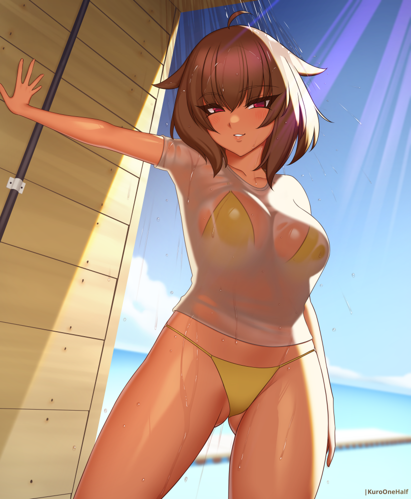 1girl ahoge arm_at_side armpits ass_visible_through_thighs bead_bracelet beads bikini bikini_under_clothes blue_sky bracelet breasts brown_hair cleavage collarbone commission contrapposto dark-skinned_female dark_skin day hair_flaps jewelry kuroonehalf large_breasts looking_at_viewer ocean original outdoors outstretched_arm parted_lips red_eyes see-through shirt short_hair short_sleeves showering sky smile solo swimsuit water wet wet_clothes wet_shirt white_shirt wooden_wall yellow_bikini