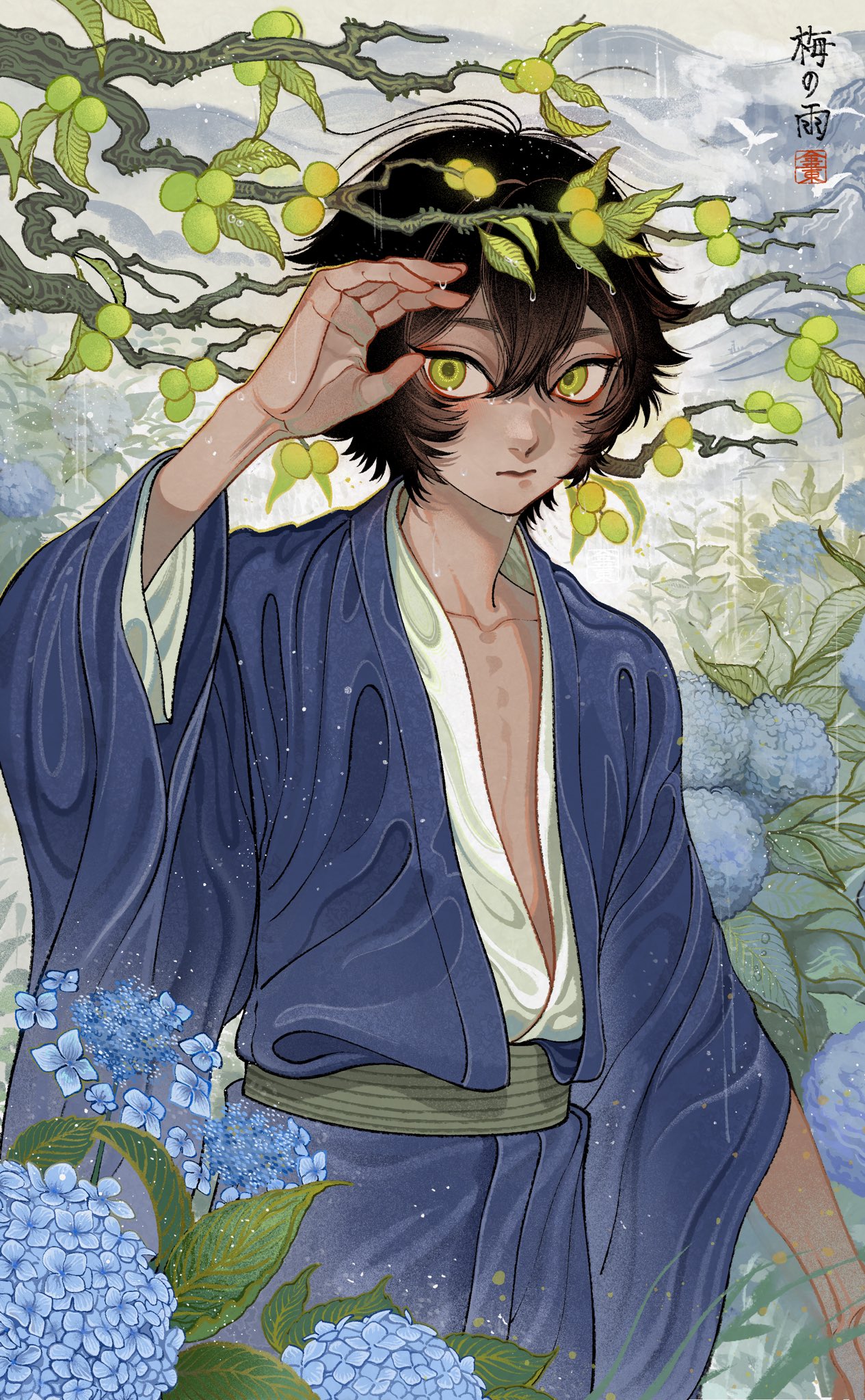 1boy artist_logo black_hair blue_kimono branch commentary flower green_eyes highres hydrangea japanese_clothes kimono konpeitou_(pixiv37354724) landscape looking_at_viewer male_focus original sash scenery short_hair solo standing wide_sleeves