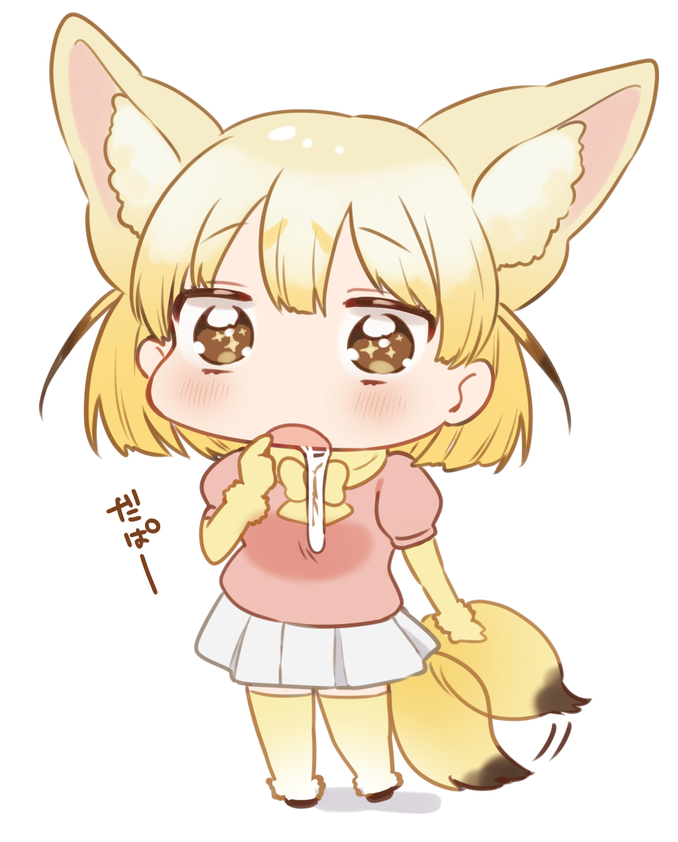 1girl animal_ear_fluff black_footwear blonde_hair blush bow brown_eyes chibi drooling elbow_gloves fennec_(kemono_friends) fox_girl fox_tail gloves highres kemono_friends pink_sweater pleated_skirt puffy_short_sleeves puffy_sleeves short_hair short_sleeves skirt solo suicchonsuisui sweater tail tail_wagging translation_request white_skirt yellow_bow yellow_gloves