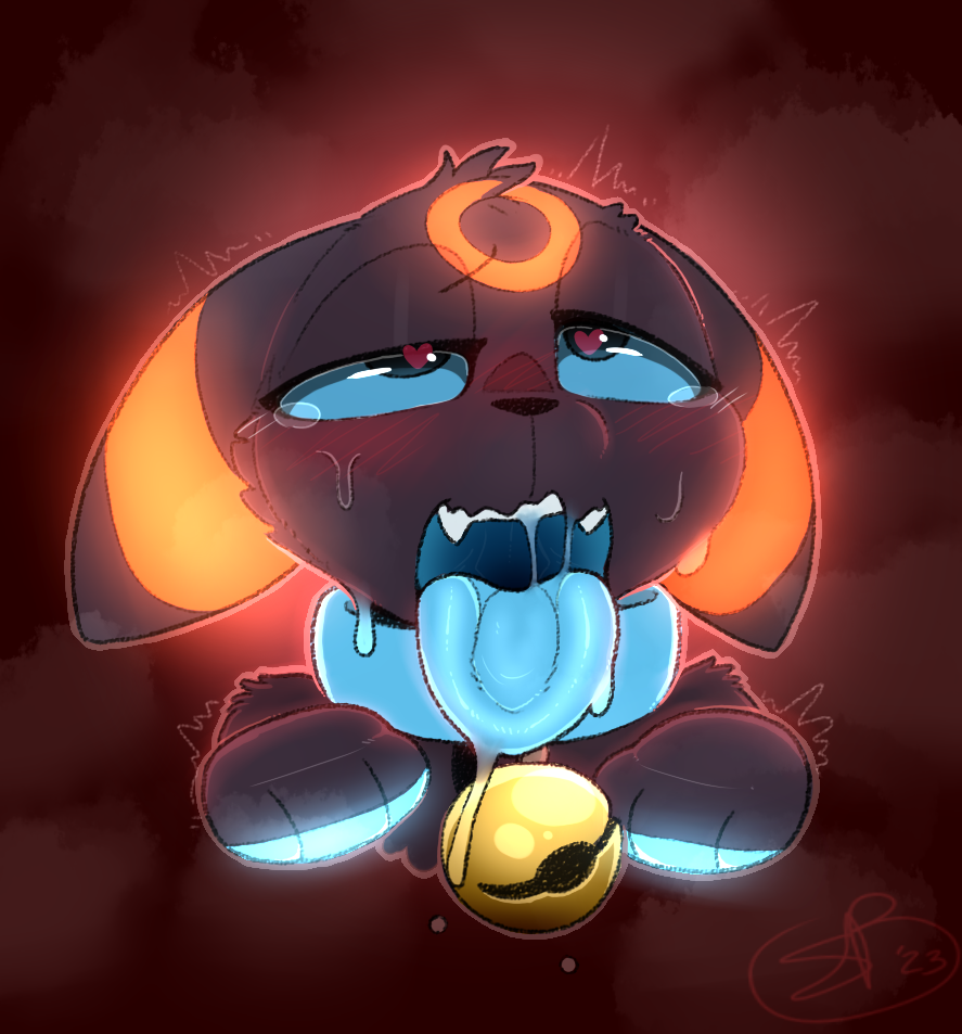 &lt;3 &lt;3_eyes 2023 ahegao backsash bell bell_collar blue_eyes blue_sclera blush bodily_fluids collar cosmic_umbreon digital_media_(artwork) drooling eeveelution feral fur generation_2_pokemon glowing glowing_pawpads glowing_paws hair headshot_portrait looking_pleasured male mammal nintendo open_mouth pawpads paws pokemon pokemon_(species) portrait saliva simple_background smile solo sweat tears teeth tongue tongue_out umbreon