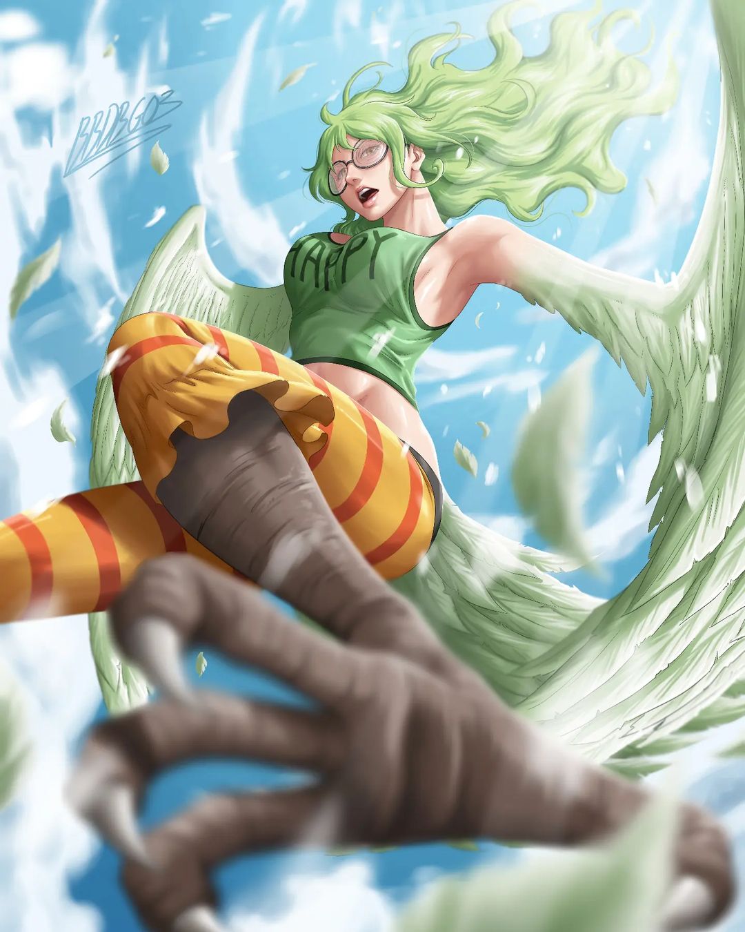 1girl armpits bbdbg03 blue_sky breasts brown_eyes cloud day feathered_wings flying from_below glasses green_hair green_tank_top harpy highres long_hair looking_at_viewer medium_breasts monet_(one_piece) monster_girl one_piece open_mouth orange_pants outdoors pants round_eyewear signature sky sleeveless solo striped striped_pants talons tank_top wings