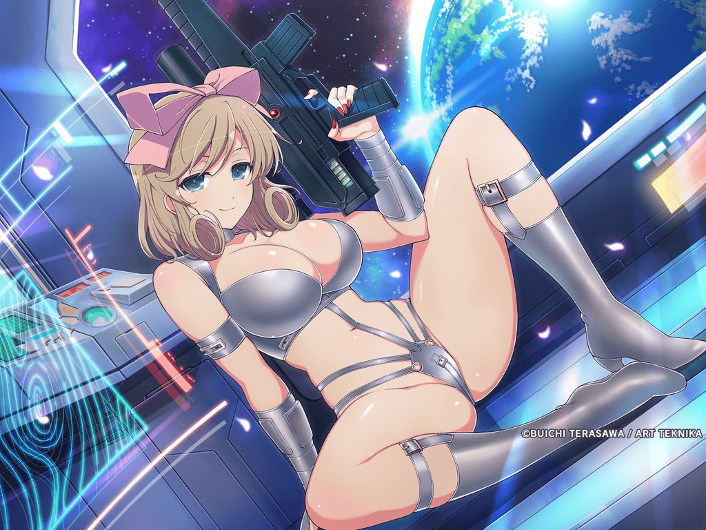 1girl arm_guards armband belt belt_buckle blonde_hair blush boots bow breasts buckle choker cleavage cosplay crossover curly_hair earth_(planet) energy_gun falling_petals green_eyes grey_belt groin gun hair_bow half-closed_eyes haruka_(senran_kagura) high_heels holding holding_gun holding_weapon hologram holographic_interface holographic_monitor in_orbit jane_royal jane_royal_(cosplay) keyboard_(computer) knee_boots large_breasts looking_at_viewer machine navel official_alternate_costume official_art on_floor petals pink_bow planet red_nails revealing_clothes science_fiction senran_kagura senran_kagura_new_link senran_kagura_shoujo-tachi_no_shin'ei shiny_skin short_hair silver_choker silver_footwear sitting sky smile solo space space_adventure_cobra spacecraft spacecraft_interior spread_legs star_(sky) starry_sky swimsuit switch vehicle_interior weapon window yaegashi_nan